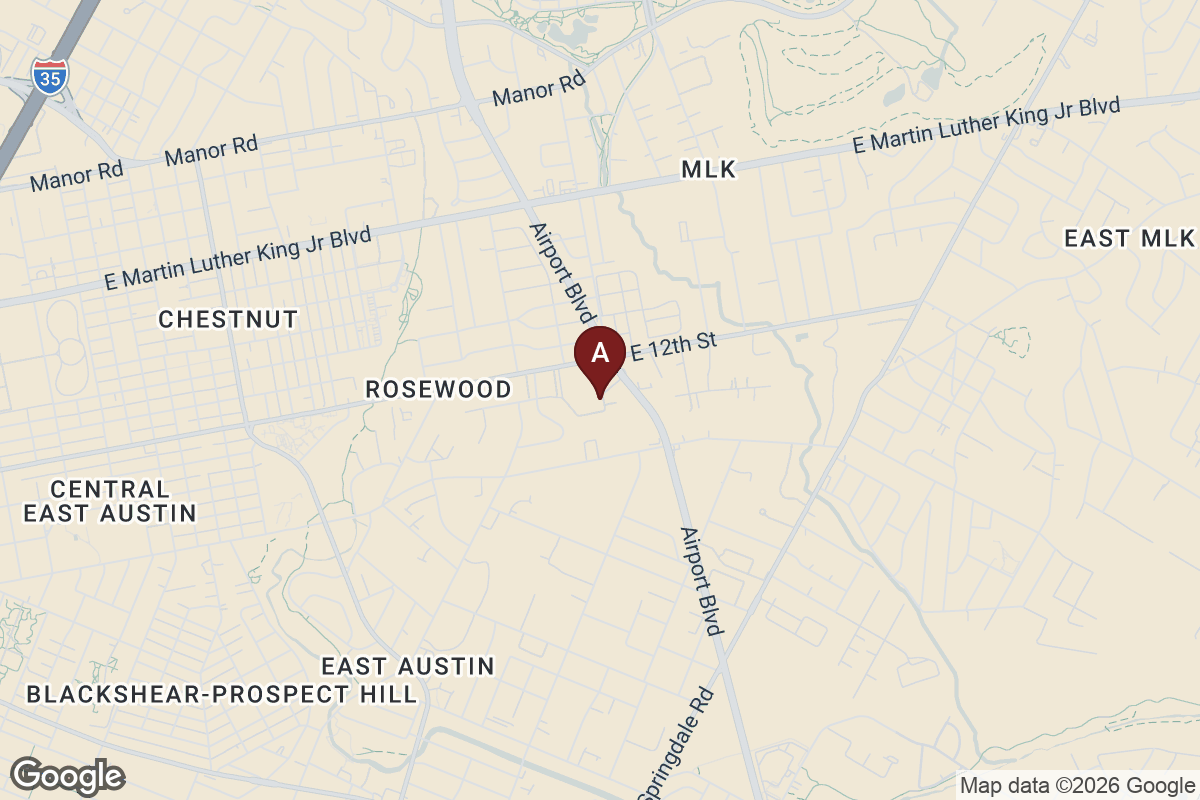 Map of east-central Austin marking Elm Ridge Apartments at 1190 Airport Boulevard, the roughly 130-unit low-income apartment property whose acquisition and rehabilitation the Austin Housing Finance Corporation will hold a public hearing on for a note issue of up to 33 million dollars on October 8, 2026