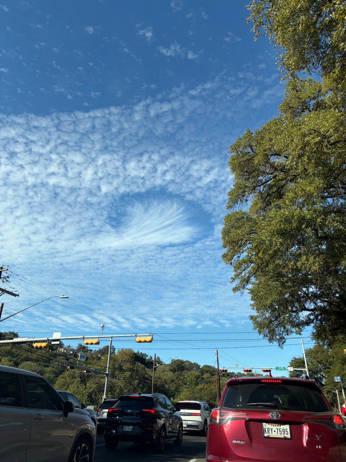 A fallstreak hole, which is a circular hole in high clouds caused by something, usually an aircraft, that passes through and causes supercooled water droplets to condense and freeze. In this photo there is a plume of ice crystals descending from the hole and getting blown to the left