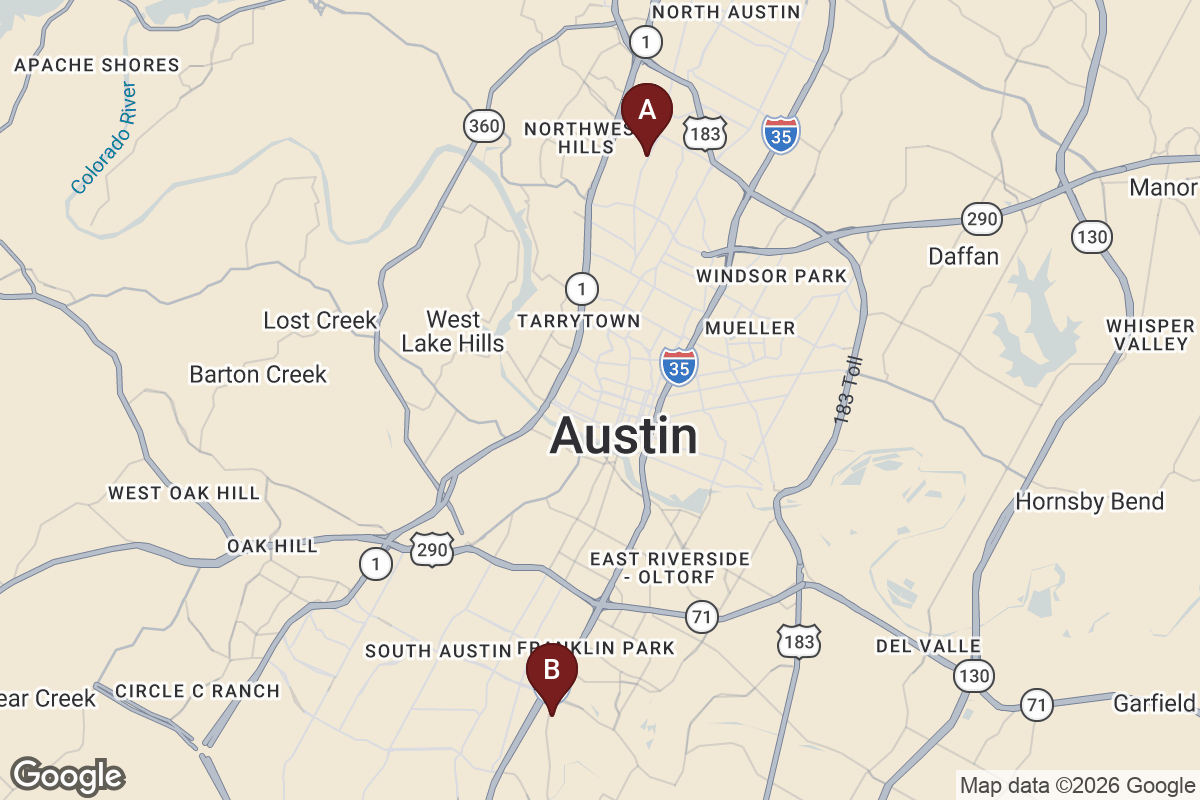 Map of Austin marking two work zones that begin October 19 in the City's Roadway Work Zones dataset: A, a water line tie-in across Burnet Road at 7320 Burnet Road in North Austin; B, a wastewater line repair closing all eastbound lanes on the 1900–2110 block of Blue Meadow Drive in South Austin.